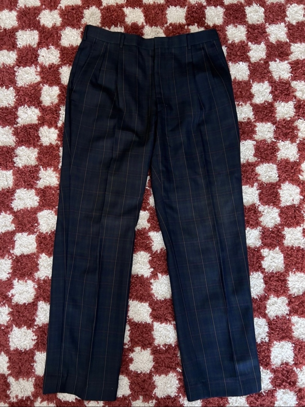 ASTRA‎ Wool Navy Plaid Pleated Dress Pants Men's Size 36 Straight Leg Formal